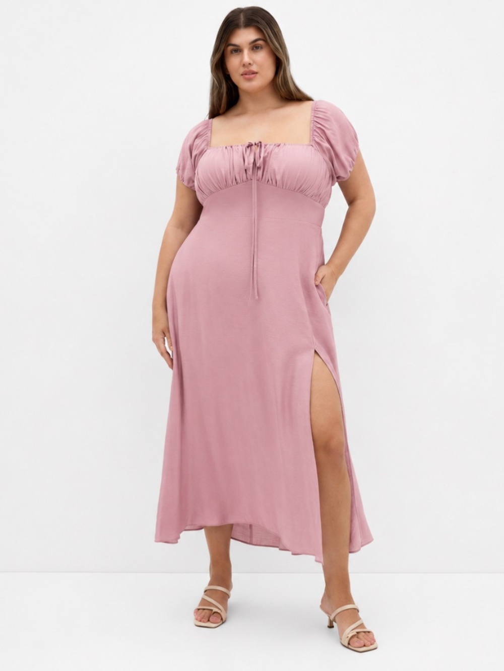 NWT City Chic Abbigail Roseberry Mauve Smocked Puff-Sleeve Maxi Dress 18